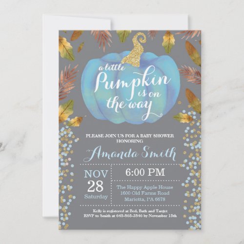 Boy Pumpkin Fall Baby Shower Gold Glitter Blue Invitation