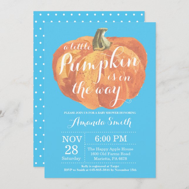 Boy Pumpkin Fall Baby Shower Invitation Blue (Front/Back)