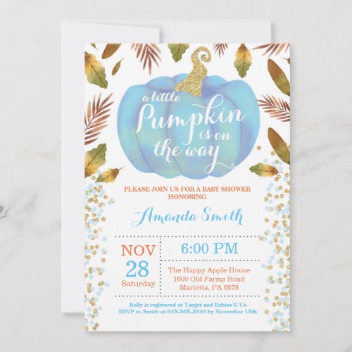 Boy Pumpkin Fall Baby Shower Invitation Gold