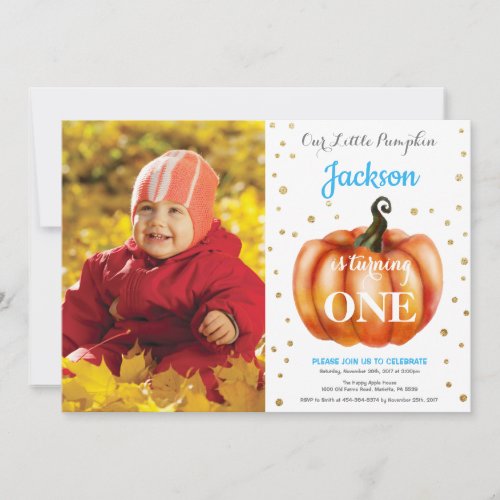 Boy Pumpkin Fall Birthday Invitation Gold