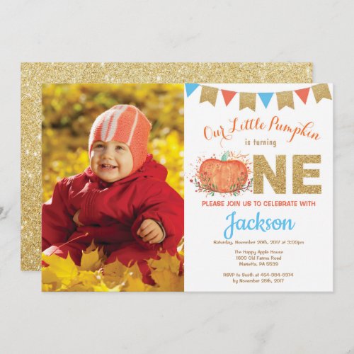 Boy Pumpkin Fall Birthday Invitation Gold Glitter