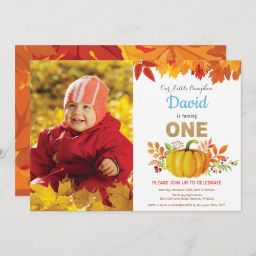 Boy Pumpkin Fall First Birthday Gold Glitter Invitation