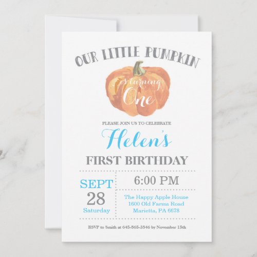 Boy Pumpkin First Birthday Invitation Blue