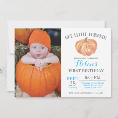 Boy Pumpkin First Birthday Invitation Blue