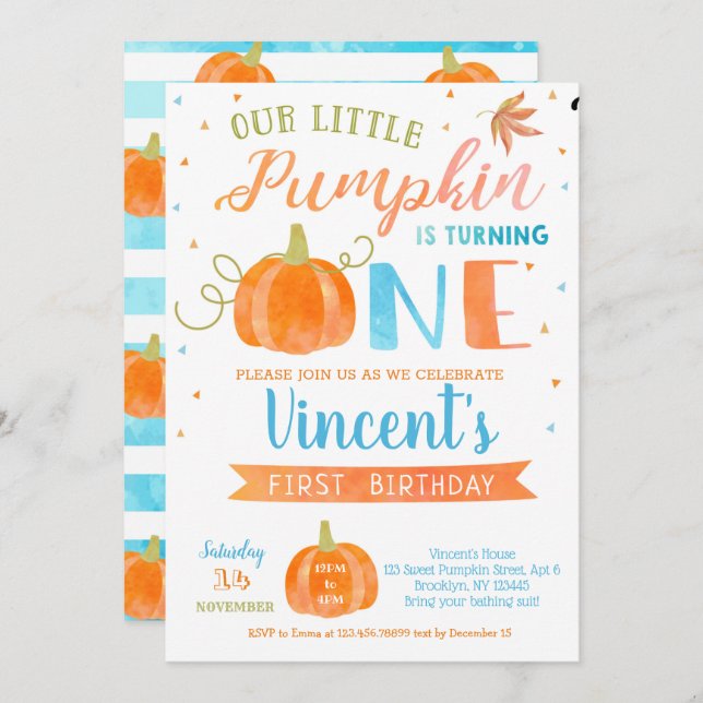 Boy Pumpkin First Birthday Invitations Autumn Fall (Front/Back)