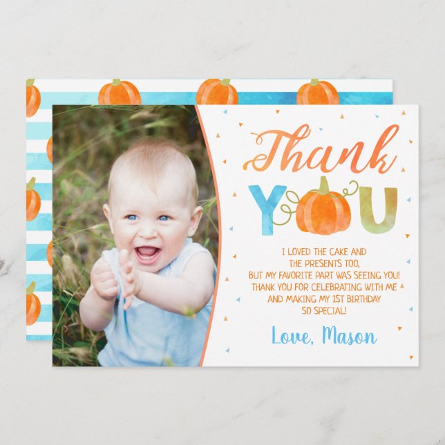 Boy Pumpkin First Birthday Thank You Cards (Front/Back)