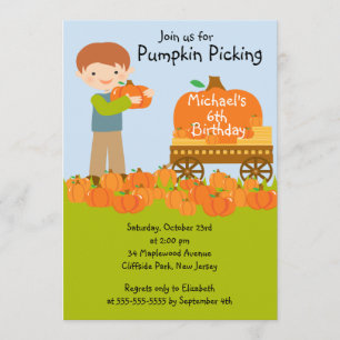 Boy Pumpkin Picking Birthday Party Invitations