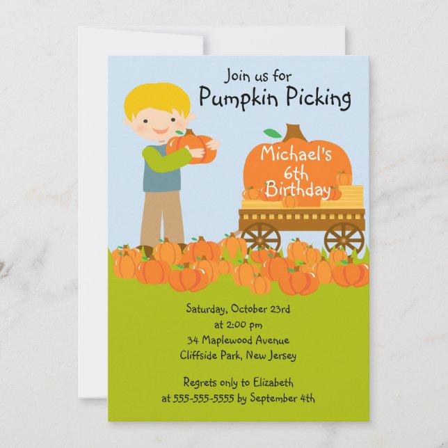 Boy Pumpkin Picking Birthday Party Invitations (Front)