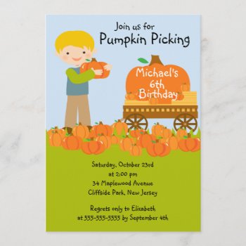 Boy Pumpkin Picking Birthday Party Invitations by alleventsinvitations at Zazzle