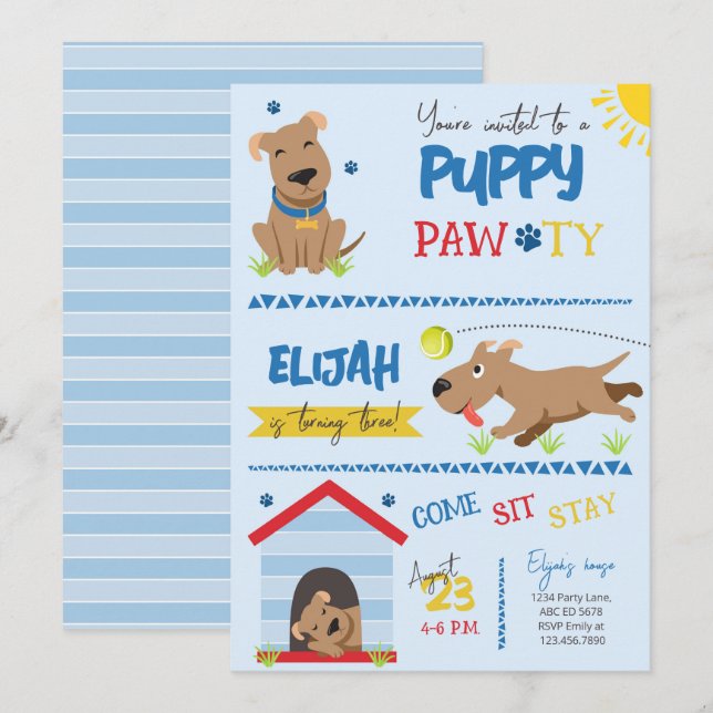 Boy Puppy Birthday Pawty  Invitation (Front/Back)