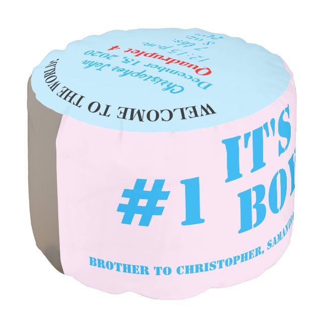 Boy Quadruplet Birth Stats Blue Pink Photo Pouf (Angled Front)