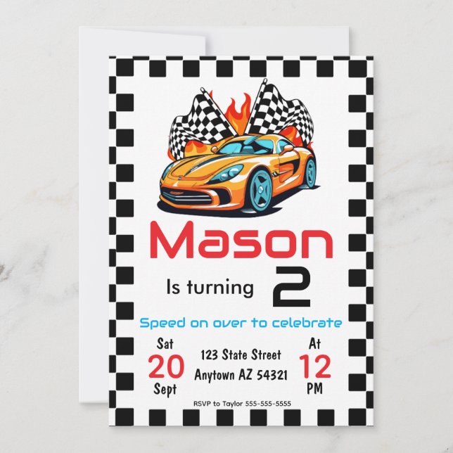 Boy race car birthday invitation (Front)