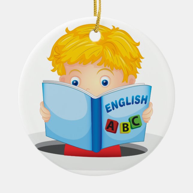 boy reading book ceramic ornament (Front)