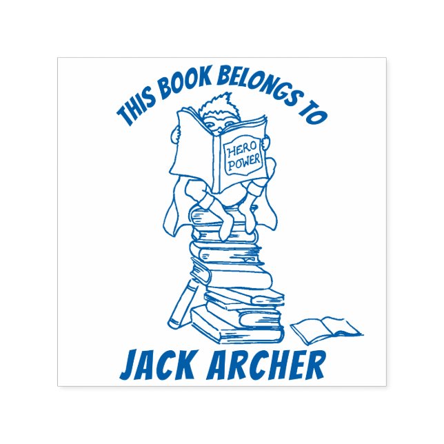 Boy reading books name kids library stamp (Design)