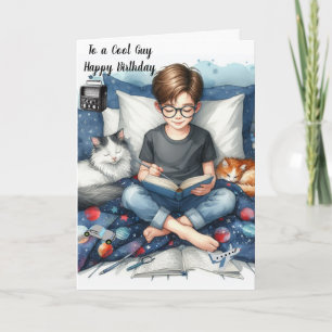 Boy Reading Books with Cats Birthday Card