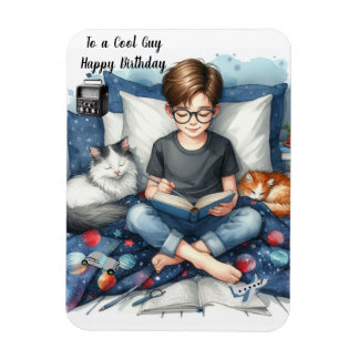 Boy Reading Books with Cats Birthday Magnet