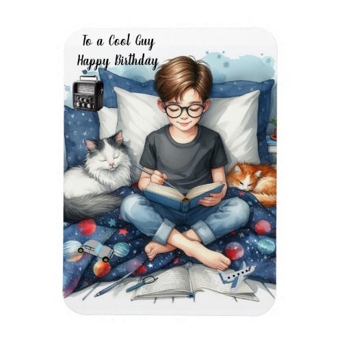 Boy Reading Books with Cats Birthday  Magnet