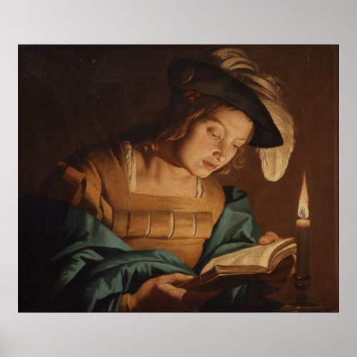 Boy reading by candlelight Poster