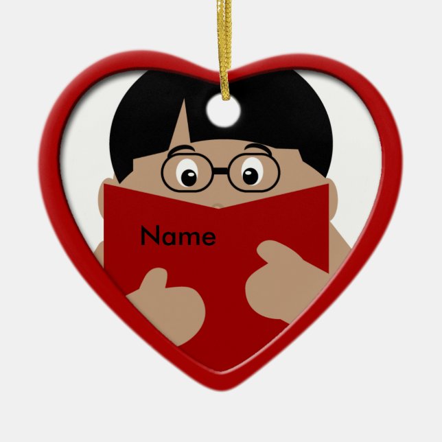 Boy Reading Christmas Heart Ornament 1 (Front)