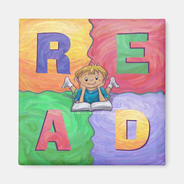 Boy Reading READ Colorful Magnet (Front)