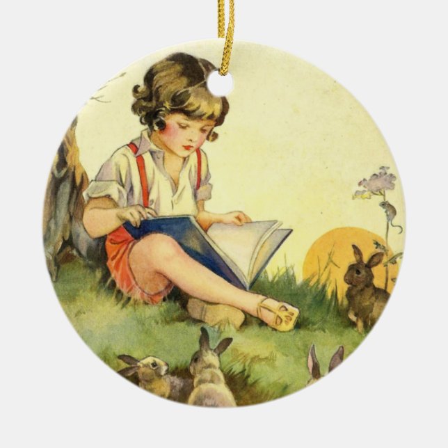 Boy reading under tree with rabbits ceramic ornament (Front)