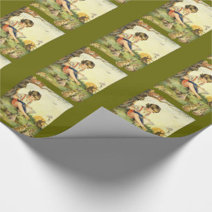 Boy reading under tree with rabbits wrapping paper