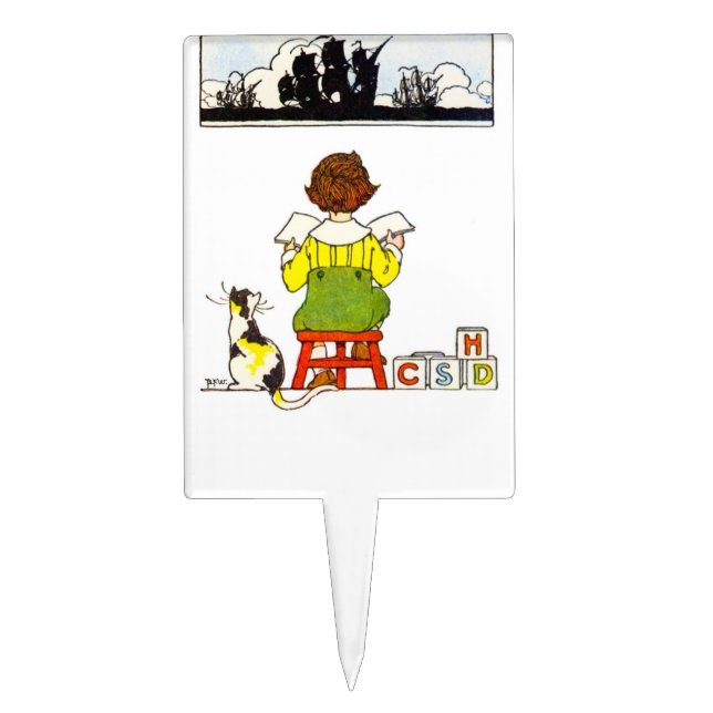 Boy reading with Cat Cake Topper (Front)