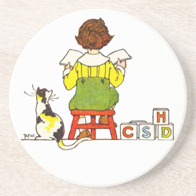 Boy reading with Cat Drink Coaster (Front)