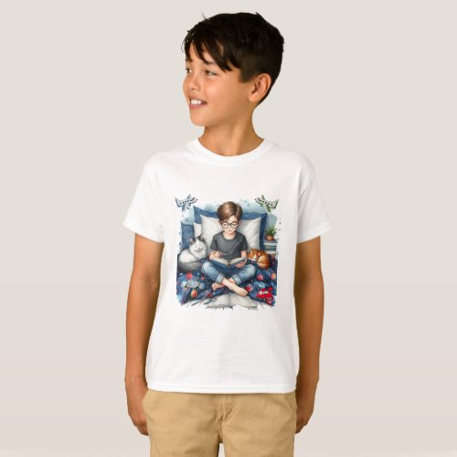 Boy Reading With Cats in His Bedroom T_Shirt