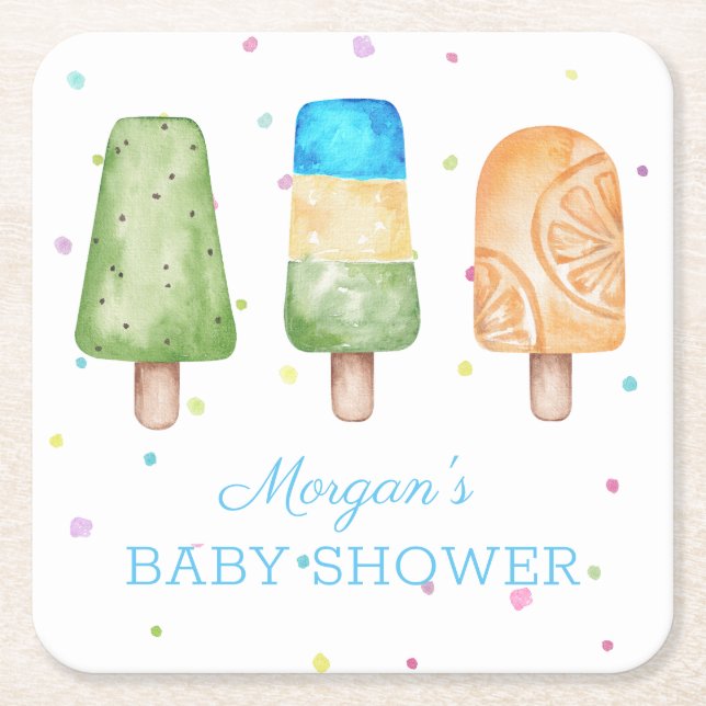 Boy Ready to Pop Summer Baby Shower Square Paper Coaster (Front)