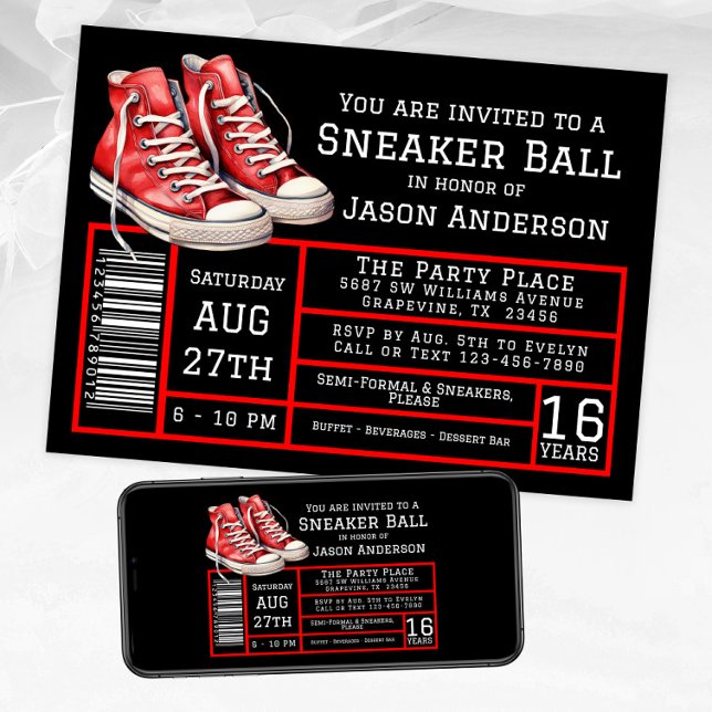 Boy Red Black Sneaker Ball Birthday Party  Invitation (Red black sneaker ball invitation with red sneakers. Available for instant download and print.)