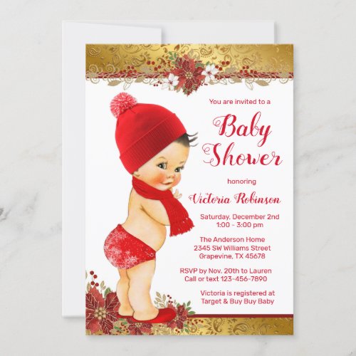 Boy Red Gold Christmas Baby Shower Brunette Invitation