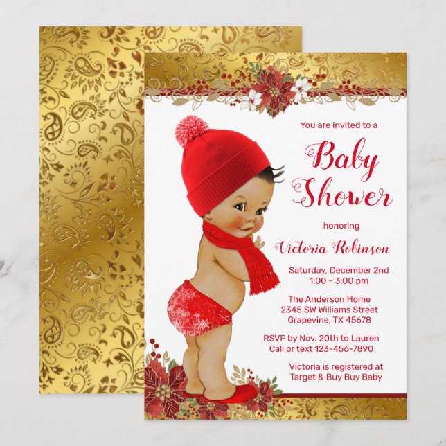 Boy Red Gold Christmas Baby Shower Ethnic Invitation (Front/Back)