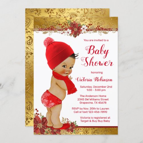 Boy Red Gold Christmas Baby Shower Ethnic Invitation