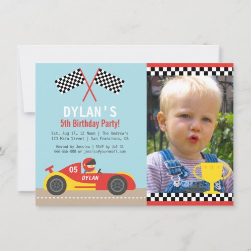 Boy Red Race Car Birthday Party Photo Invitations