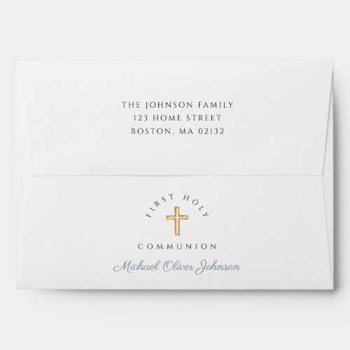 Boy Religious Cross Dusty Blue First Communion Envelope