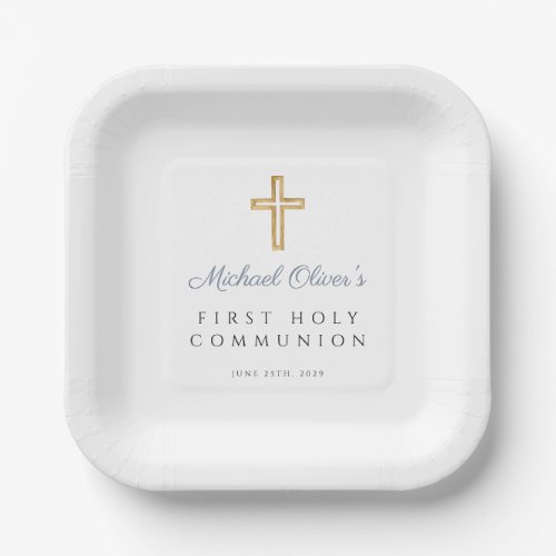 Boy Religious Cross Dusty Blue First Communion  Paper Plates