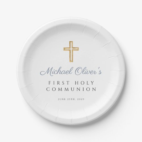 Boy Religious Cross Dusty Blue First Communion Paper Plates