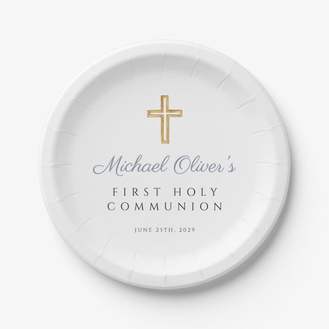 Boy Religious Cross Dusty Blue First Communion Paper Plates (Front)
