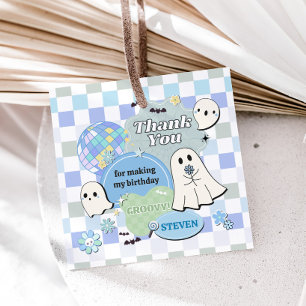 Boy Retro Groovy Little Boo Birthday Square Favor Tags