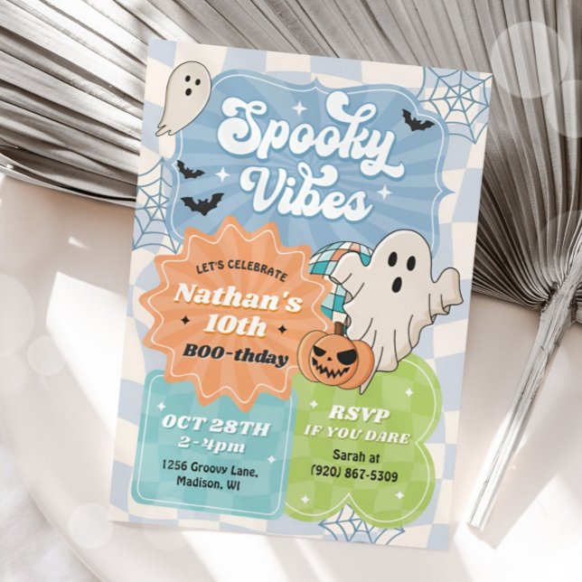 Boy Retro Halloween Spooky Vibes Blue Birthday Invitation (Creator Uploaded)