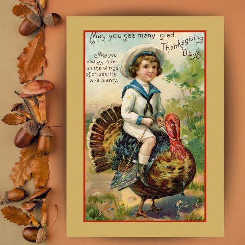 Boy Riding Turkey Custom Vintage Thanksgiving Holiday Card