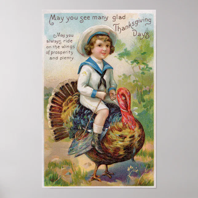Boy Riding Turkey Vintage Art Poster | Zazzle