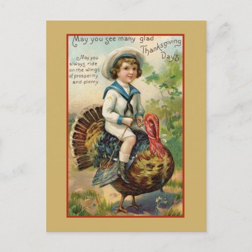 Boy Riding Turkey Vintage Thanksgiving Postcard