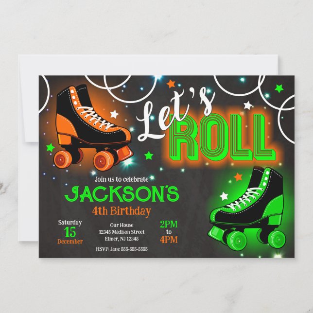 Boy Roller Skating Birthday Party Neon Glow Invitation (Front)