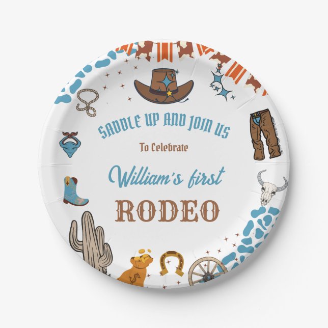 boy Rounded First Rodeo 1st Party Birthday Paper Plates (Front)
