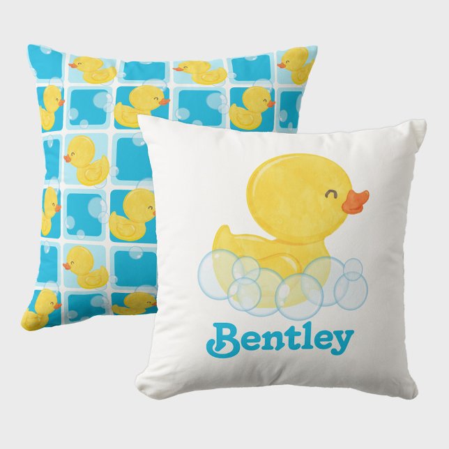 Boy Rubber Duck Personalized Name Throw Pillow (Boy Watercolor Rubber Duck Throw Pillow Personalized with Name)