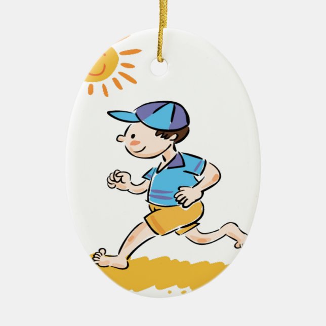 Boy running while barefoot ceramic ornament (Front)