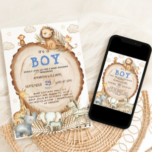 Boy Rustic Boho Safari Animals Baby Shower Invitation