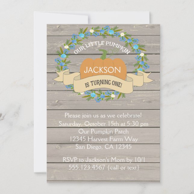 Boy Rustic Pumpkin 1st Birthday Party Invitation (Front)